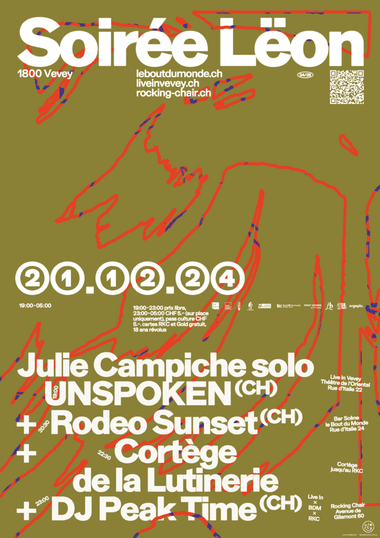 Soirée Lëon: UNSPOKEN – Julie Campiche solo (CH) + Rodeo Sunset (CH) + Cortège de la Lutinerie + DJ Peak Time (CH) (Live in x BDM x RKC) - Rocking Chair Vevey
